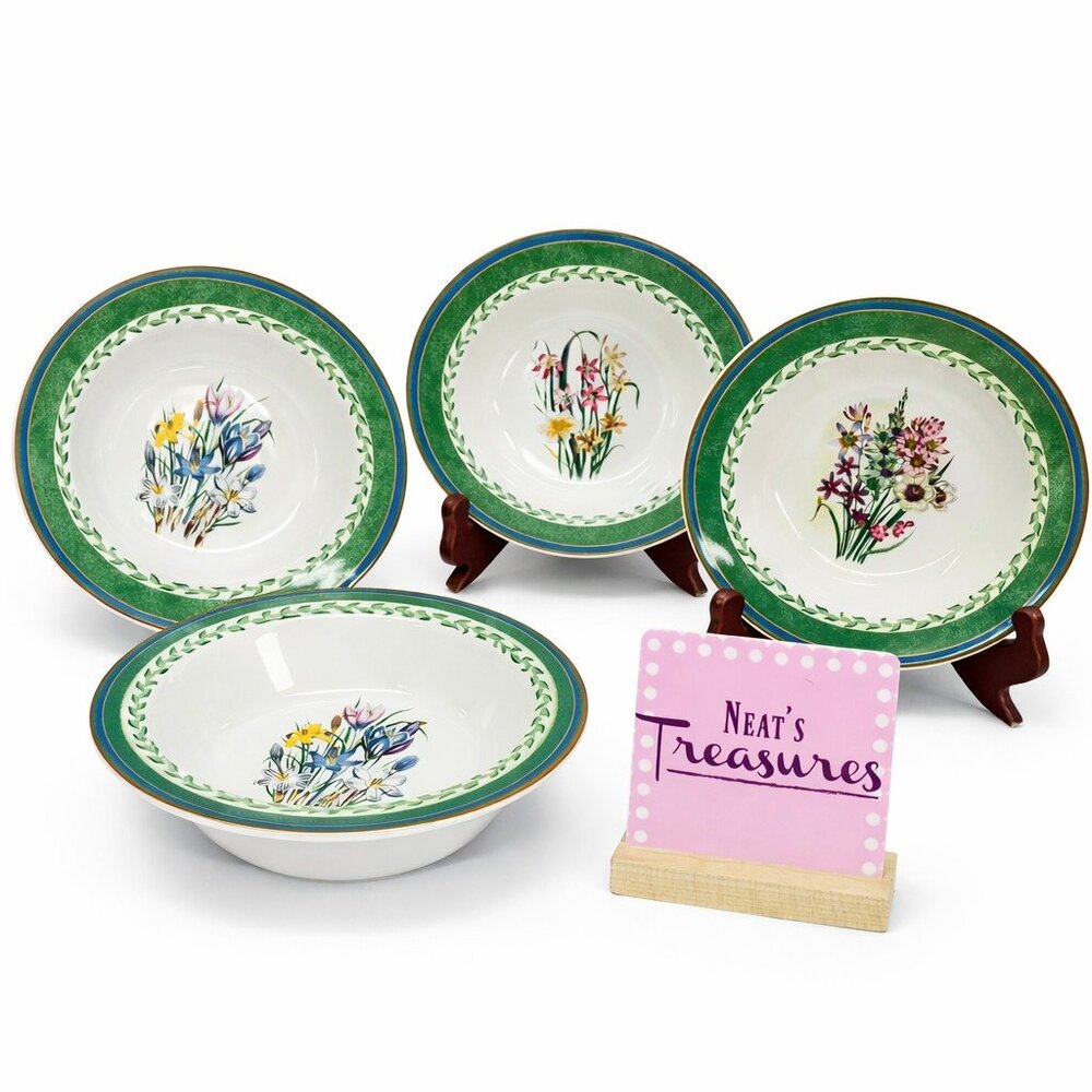 Smithsonian BOTANIC Jane Webb Loudon Floral Stoneware Rim Soup Pasta Bowls Set 4